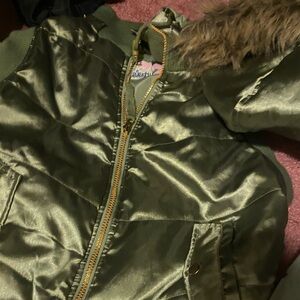 Kids Olive Green Jacket with Faux Fur Trim